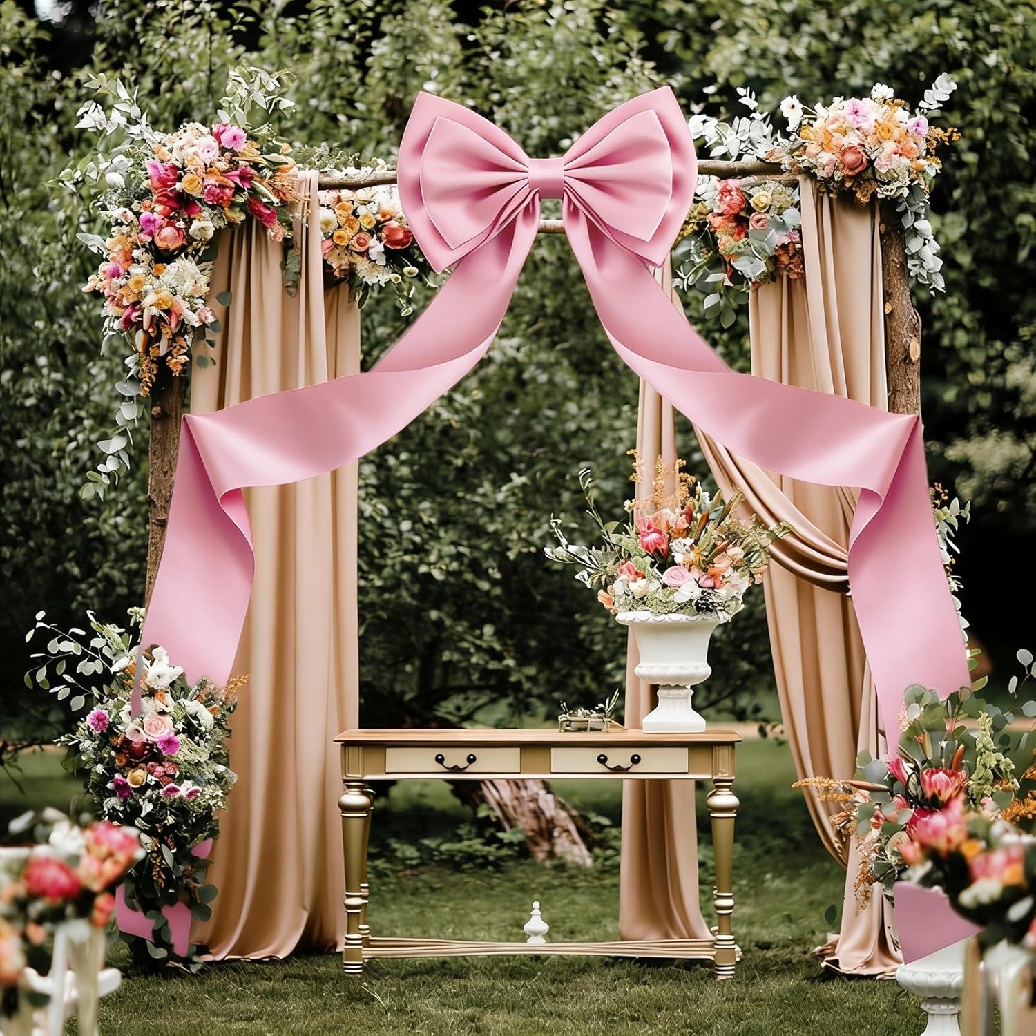 Vovoir Giant Bow Decoration - 75x18 Inch Pink Satin Bow with 10 Ribbon Bows for Weddings & Parties