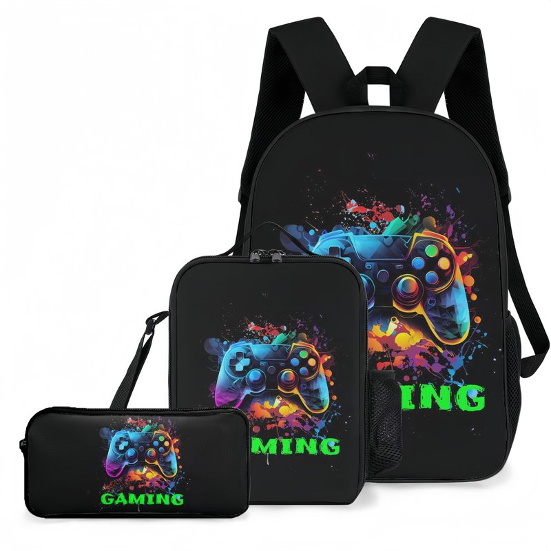 NELAGTR 3-Pcs Backpack School Bag Set For Boys And Girls Travel Study Backpack And Lunch Box And Pencil Bag (Game Backpack)