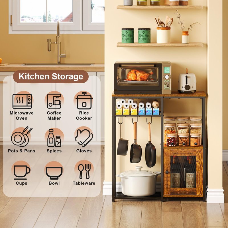 Small Kitchen Island Table with Storage, 4 Tier Microwave Stand, Bakers Rack, Coffee Bar Cabinet Station with Storage Cabinet, Kitchen Rack with Adjustable Shelves & 3 Hooks for Kitchen Dining Room