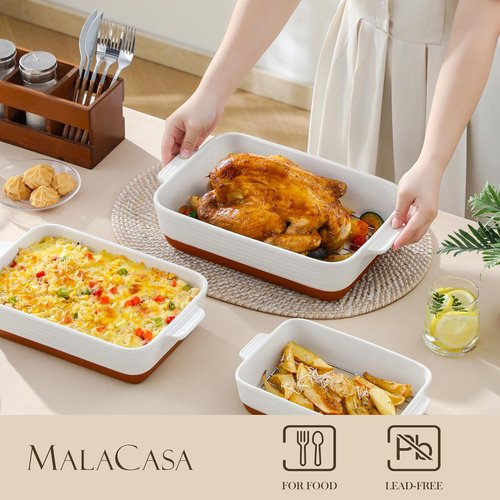 MALACASA Casserole Dishes Set of 3 - Ceramic Baking Pans with Roasting Racks | Khaki White (14.5''/13''/10.5'')