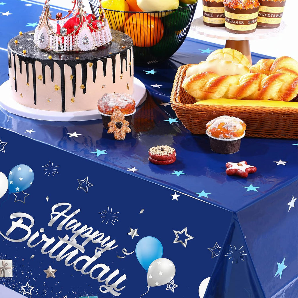 Tegeme Navy Blue Party Supplies - Happy Birthday Tablecloths with Starry Confetti | 3 Pack for Kids' Celebrations