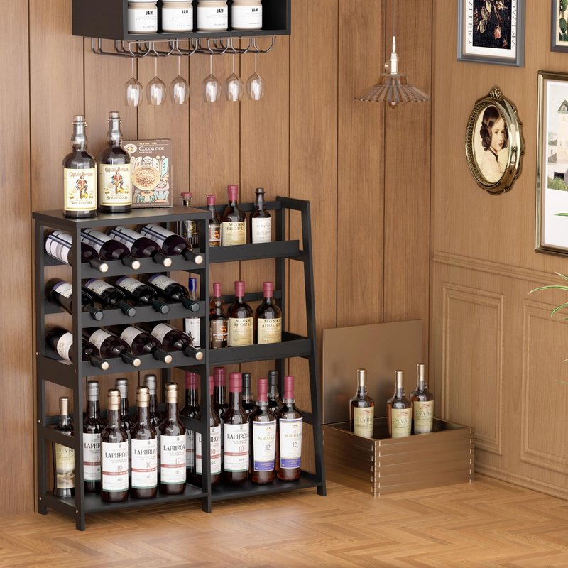 VASMIA Versatile Liquor Stand for Home Bar, Wine Rack Freestanding Floor, Mini Bar Table with Bamboo Trapezoidal Liquor Bottle Display Shelf Cabinet for Living Room, Natural