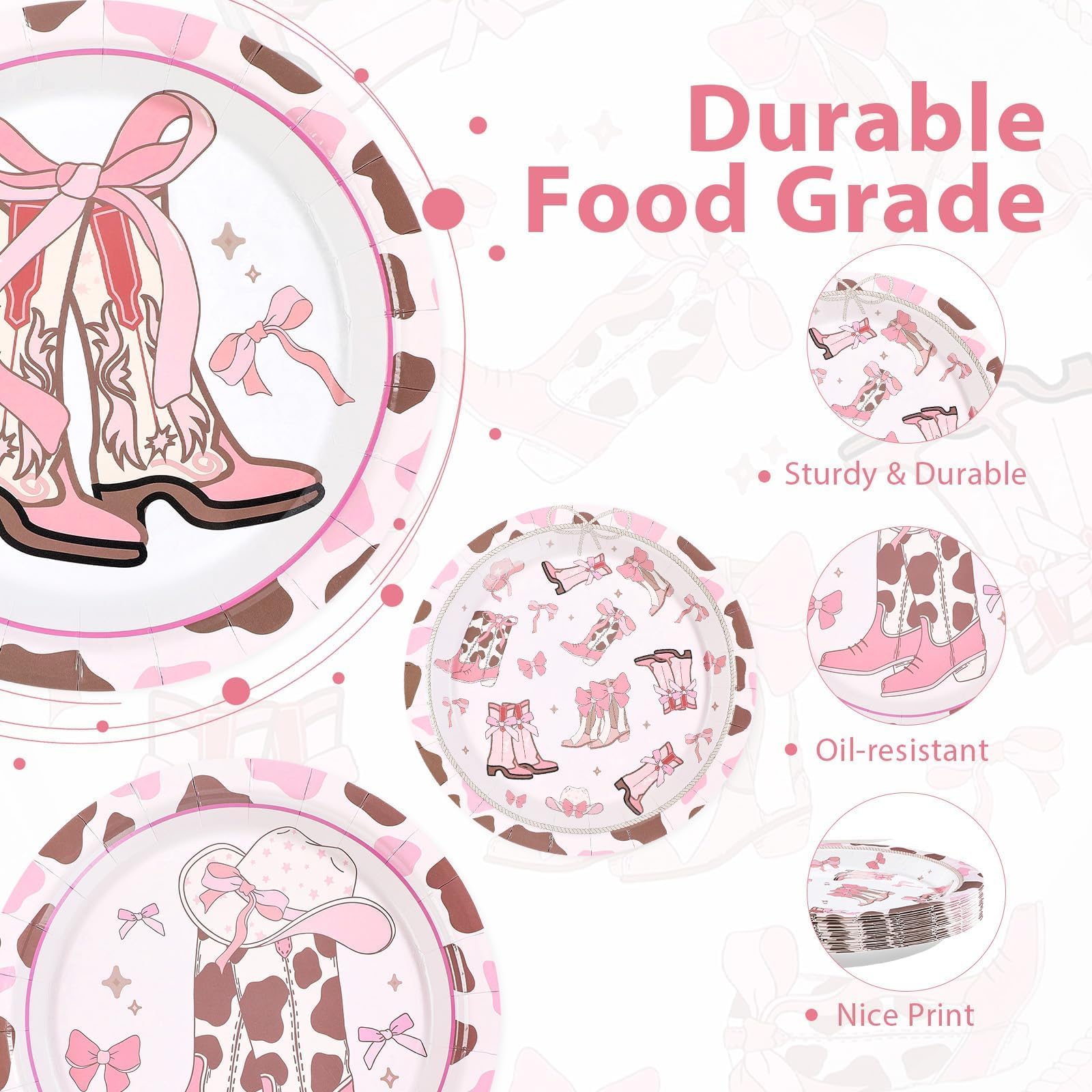 60Pcs Coquette Cowgirl Birthday Party Decorations 9" Western Bow Cowgirl Plates Disposable Pink Bows Rodeo Bachelorette Tableware for Western Cowgirls Themed Birthday Baby Shower Party Supplies