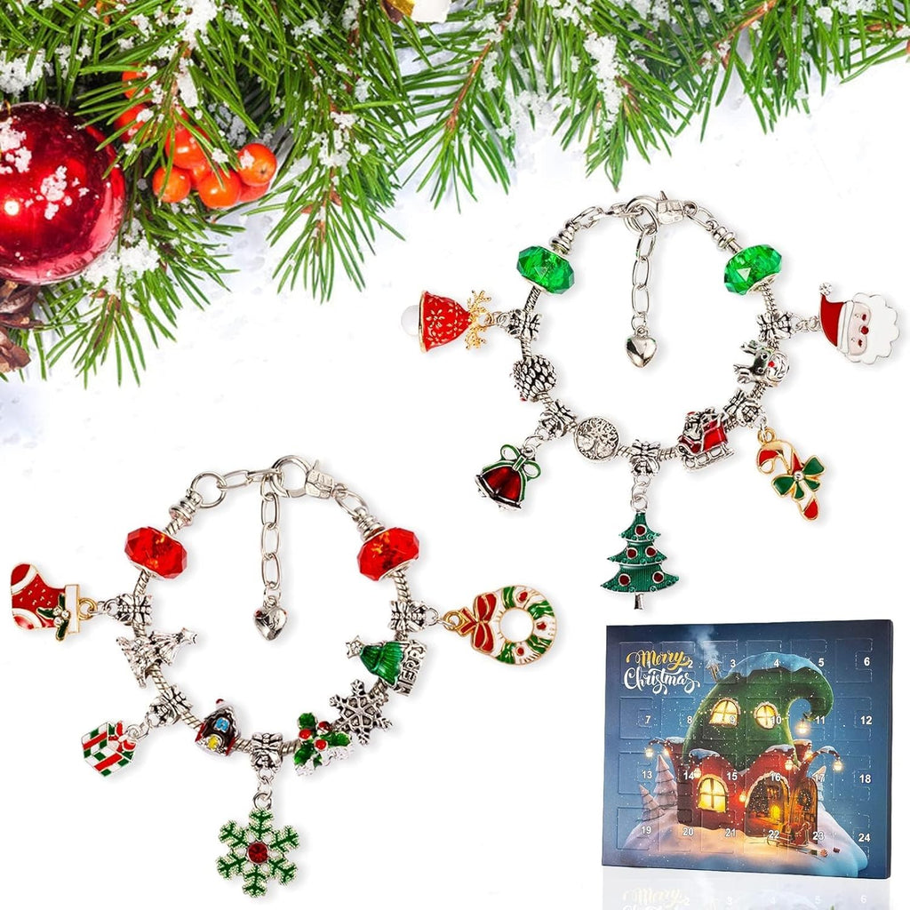 Skiennix Christmas Advent Calendar Bracelets - 24-Day DIY Jewelry Kit with 22 Charms & 2 Bracelets for Girls