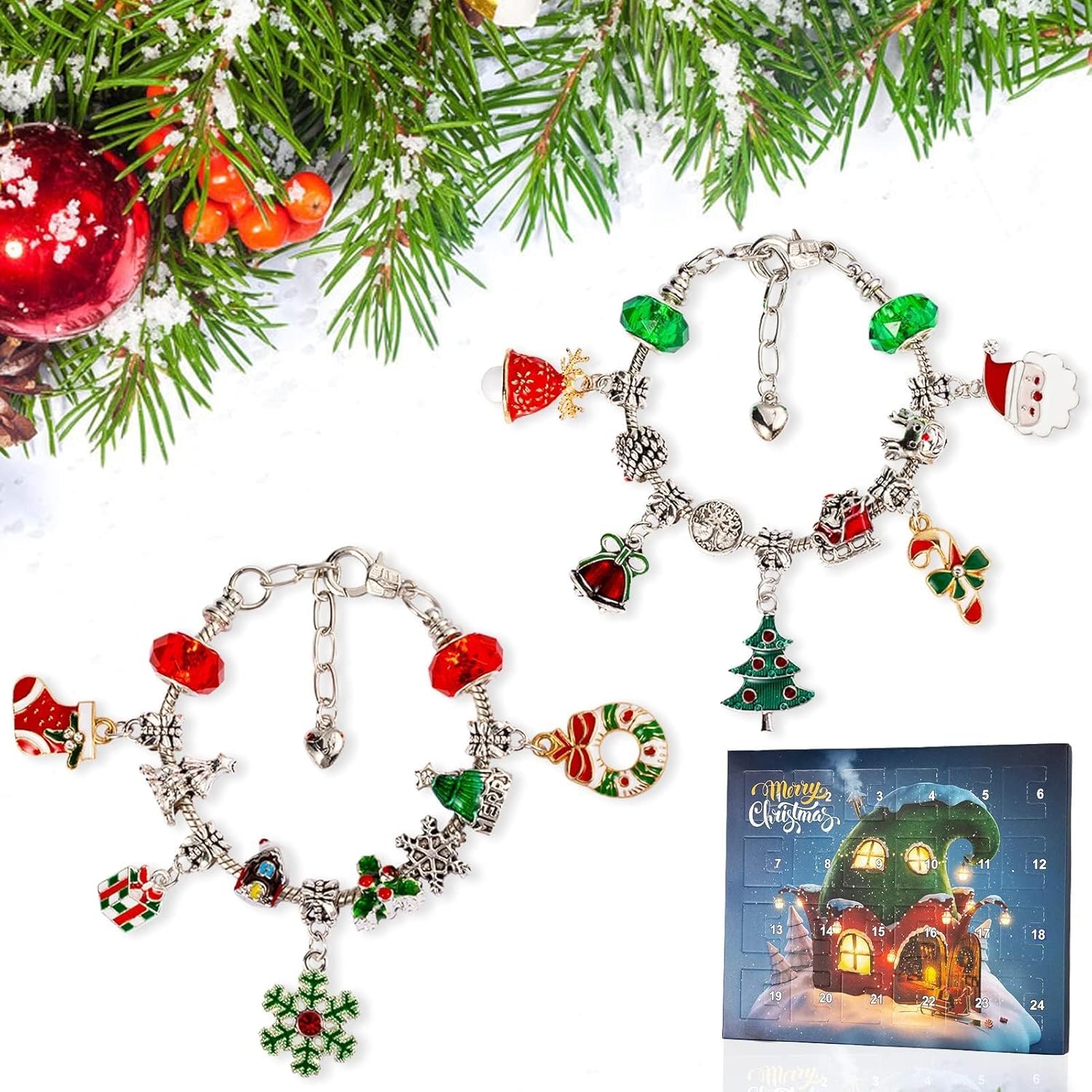 Skiennix Christmas Advent Calendar Bracelets - 24-Day DIY Jewelry Kit with 22 Charms & 2 Bracelets for Girls