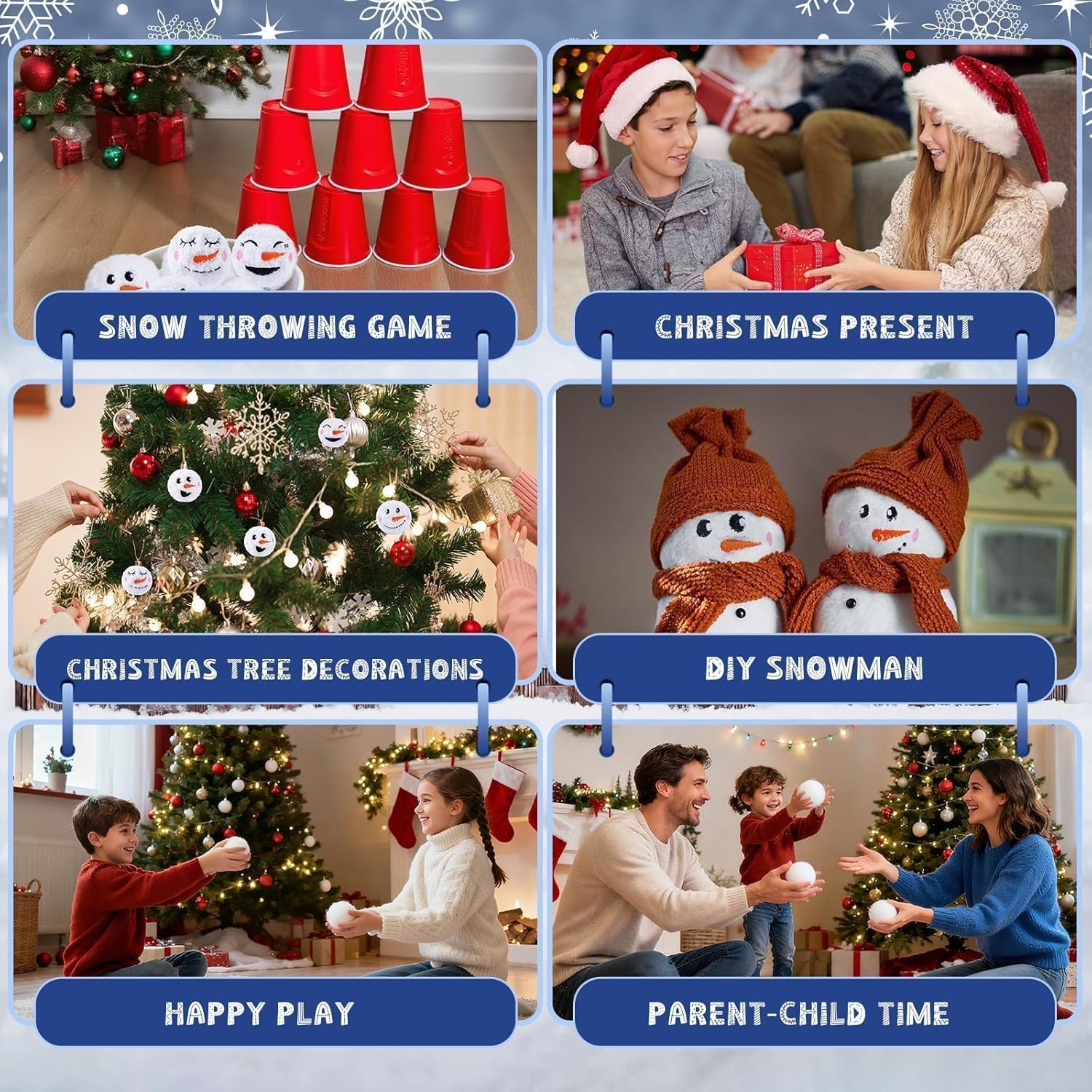 Snow Fake Balls - 2.8 Inch Smiling Snowman Face Snowballs for Indoor/Outdoor Winter Fun | Dark Red & Blue