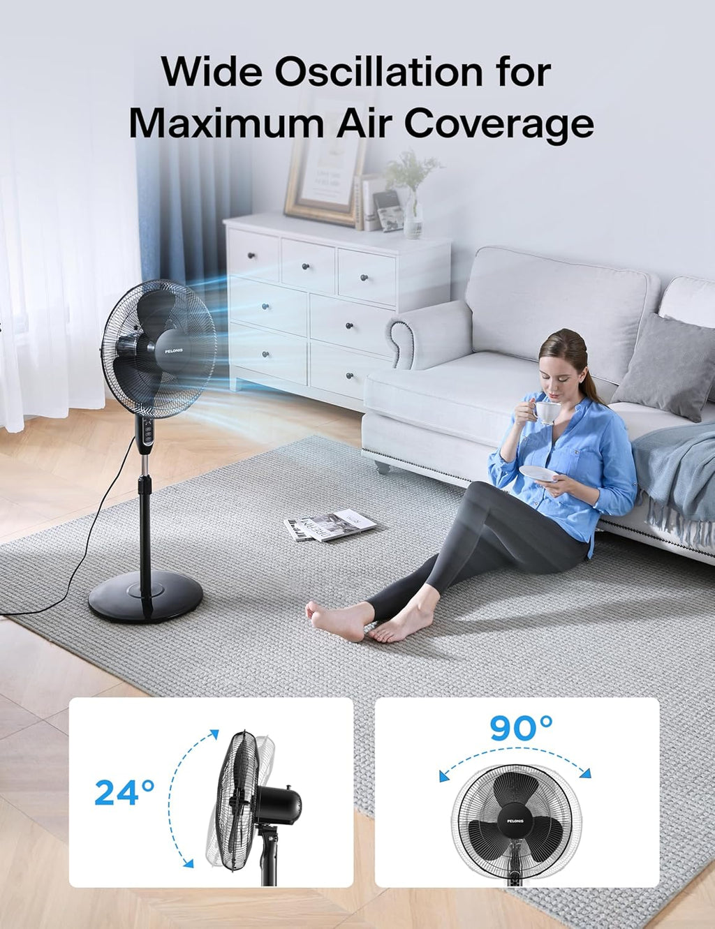 Pelonis 16'' Pedestal Fan - Remote-Controlled, 90° Oscillation, 3 Speeds, Adjustable Height | Ideal for Bedroom, Living Room & Office