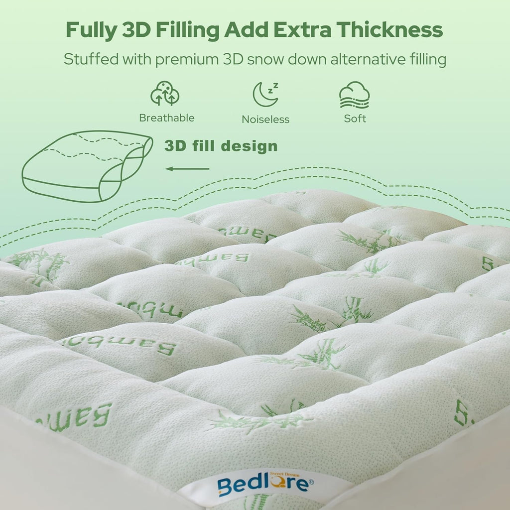 BEDLORE Twin XL Mattress Topper - Soft Viscose Bamboo Pillow Top with Deep Pockets for 6-15 Inch Mattresses
