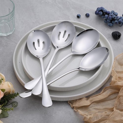 E-far Large Serving Spoons Set - 9.8 Inch Stainless Steel Utensils for Buffet & Catering | Dishwasher Safe