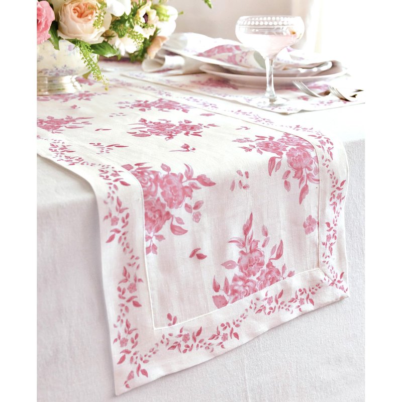 Solino Home Pink Floral Print Table Runner 48 inch - 100% Pure Linen Table Runner 14 x 48 Inch for Mothers Day, Spring, Summer - Handcrafted and Machine Washable - Jolie Fleur Print