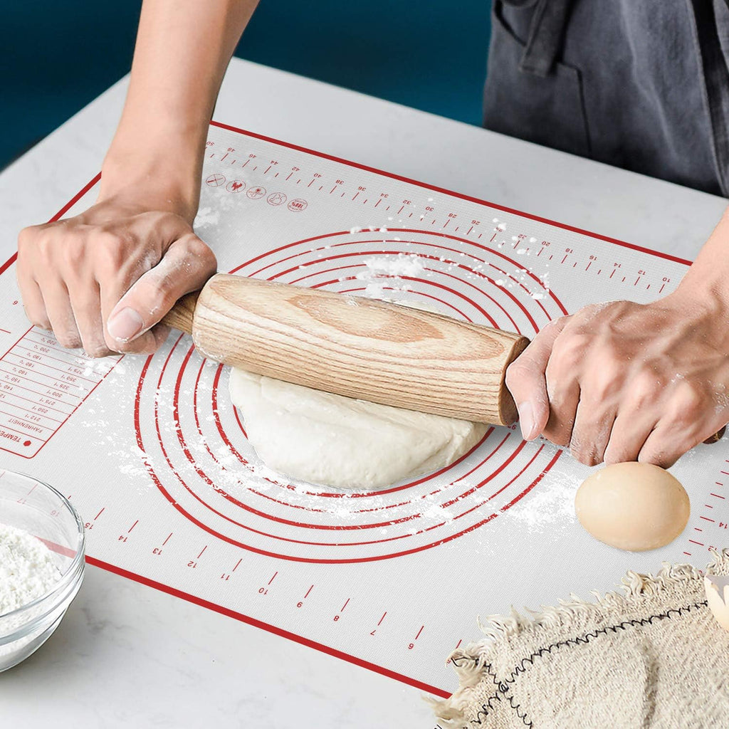 Skiennix Silicone Baking Mat - Non-Slip Pastry Sheet with Measurements | BPA-Free, 24 x 16 Inches, Red + Dough Scraper