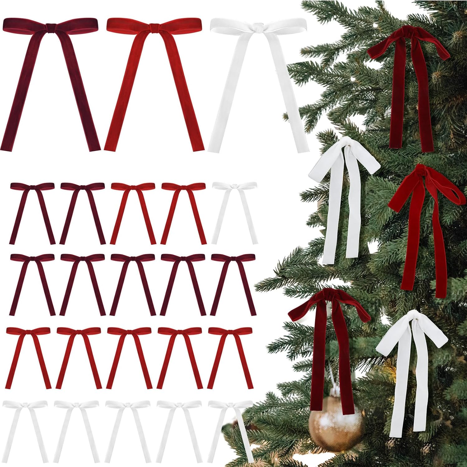 Skiennix Velvet Bows - 24 Pcs Vintage Ribbon for Christmas Tree & Crafts | 5x7 Inch, Red/Burgundy/White