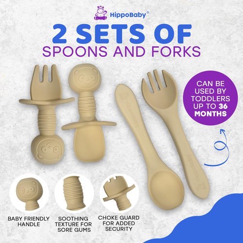 HippoBaby Baby Led Weaning Supplies | 10 Piece Silicone Baby Feeding Set | Baby Toddler Bib Cup Divided Plate and Bowl Self Feeding Spoons Dish Set | Baby Utensils | Toddler Feeding Supplies (Cream)