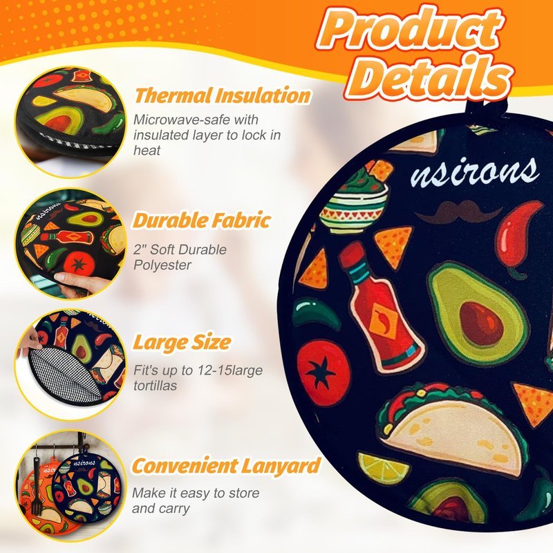 NSIRONS 2Pcs Tortilla Warmer, 12 Inch Insulated Microwave Safe Fabric Tortilla Warmer Pouch to Keep Food Warm for Corn Flour Taco Pizza Bread up to One Hour (2 pack Black&Orange)