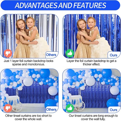 Crosize Dark Blue Foil Fringe Backdrop Curtain - 3 Pack 3.3 x 9.9 ft | Perfect for Parties & Celebrations