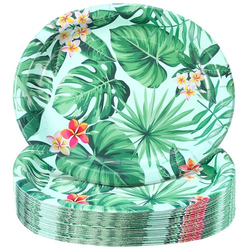 Pickmesh 50 Pcs Hawaiian Luau Oval Paper Plates 10" x 12" Hawaiian Tropical Disposable Plates Green Leaves Dinner Serving Cinco De Mayo Decorations for Aloha Summer Birthday Beach Party Supplies