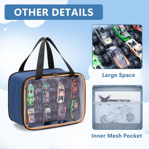 LUXJA Double Layer Storage Bag - PVC Carrying Case for Hot Wheels Monster Trucks | Holds 14 Cars, Blue