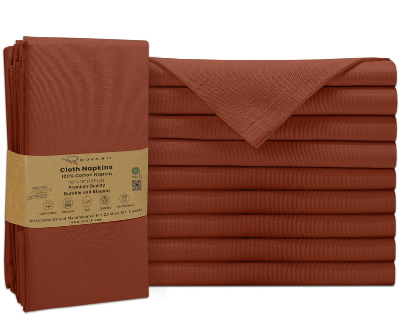 Ruvanti Cloth Napkins Set of 12, 100% Cotton High GSM 18x18 Inches Soft, Washable, Highly Durable & Absorbent, Perfect for Parties, Christmas, Thanksgiving Dinners – Rust