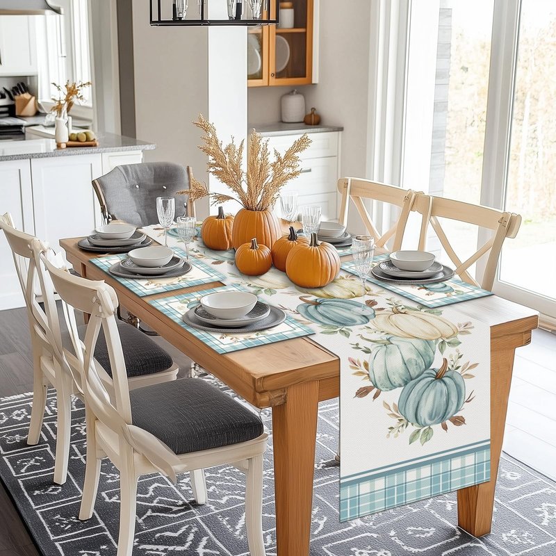 Bonhause Pumpkins Eucalyptus Leaves Fall Placemats Set of 4, 12x18 Inch Blue Buffalo Plaid Autumn Thanksgiving Kitchen Dinning Table Mats Washable Place Mats for Indoor Outdoor Home Party Decor