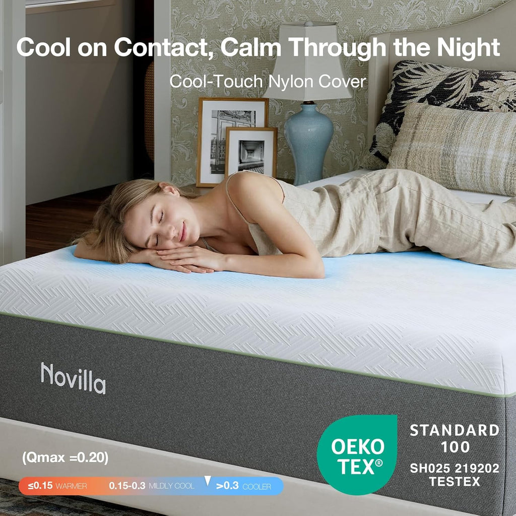Novilla Bliss Green Tea Mattress - 12 Inch Gel Memory Foam Queen Size for Hot Sleepers | Cool Comfort & Back Pain Relief