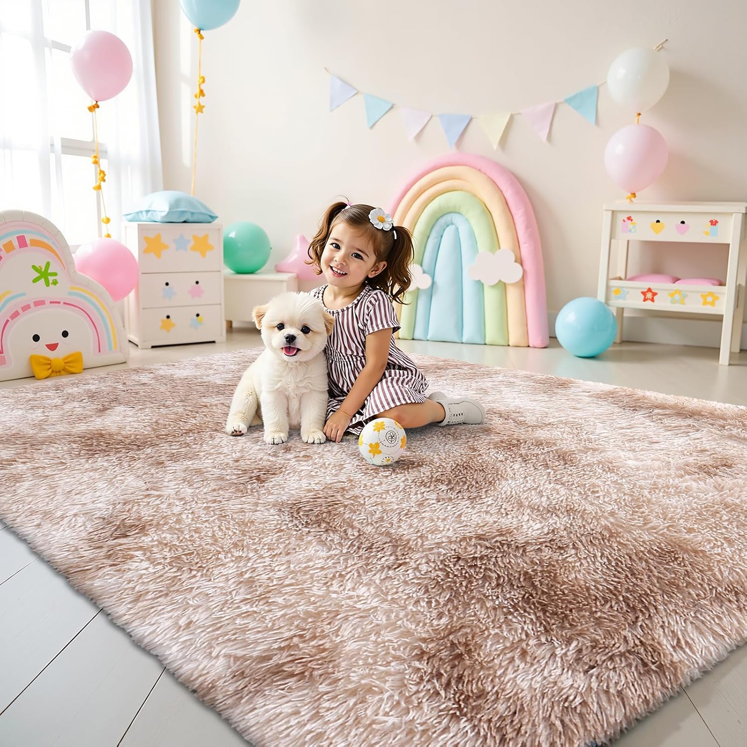 OLANLY Area Rugs - Soft Fluffy Shaggy Carpet for Living Room & Bedroom | Machine Washable 4x5.9 Feet, Beige Tie-Dye