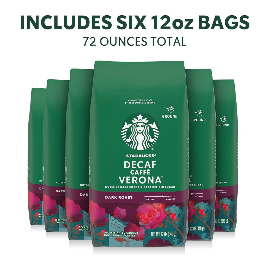 Starbucks Ground Coffee - Decaf Caffè Verona, Dark Roast for Hot or Iced Coffee | Six 12 oz Bags