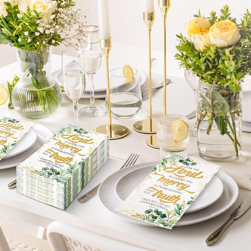 JarThenaAMCS 100 Pcs Greenery Christian Guest Napkins Eucalyptus Leaves Disposable Napkins Decorative Dinner Paper Hand Towels for Home Wedding Party Supplies Table Decor
