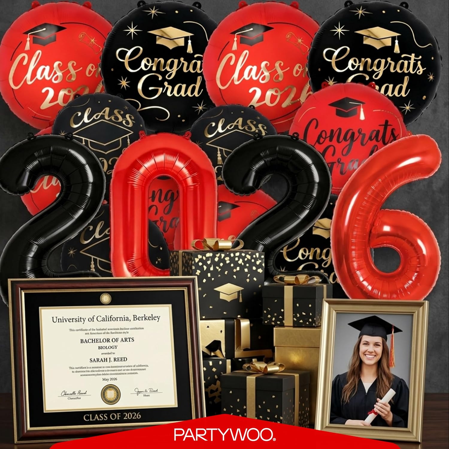 PartyWoo Graduation Balloons - Class of 2026 Foil Number & Mylar Balloons | Black, Red, Gold, 12pcs Set