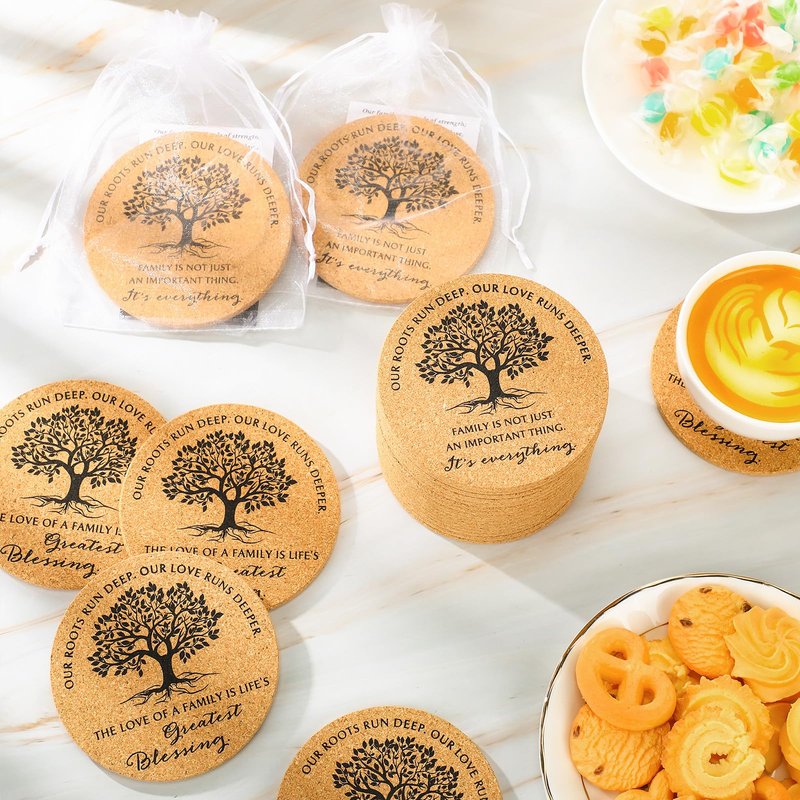 Teenyyou 25 Set Family Reunion Favors Include Our Roots Run Deep Our Love Runs Deeper Cork Coaster Absorbent Cork Mat with Card Organza Bag Summer Party Gift for Gathering Picnic