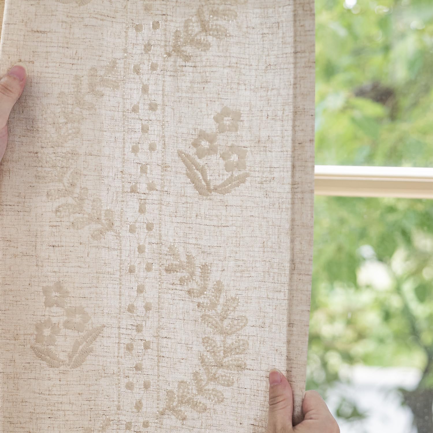 jinchan Belrose Linen Curtains for Bedroom Floral Curtains 90 Inch Length Linen Blend Ivory Embroidered Drapes Farmhouse Flower Patterned Drapes for Living Room Window Treatments Set 2 Panels