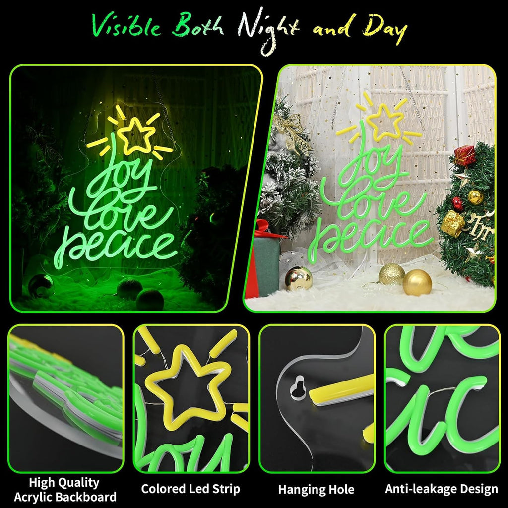 Neon Christmas Tree Sign by [Brand Name] - USB Powered LED Holiday Decor for Wall | Peace, Love, Joy Design