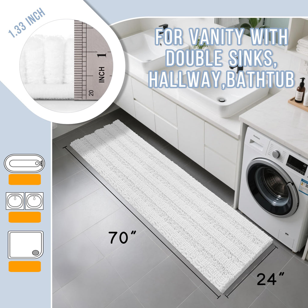 Yimobra Bathroom Runner Rug, 70 x 24, Long Bathroom Rugs Large Bath Mat, Soft Super Absorbent and Thick, Non-Slip, Machine Washable, Carpets for Home, Nursery, Bed and Living Room, White