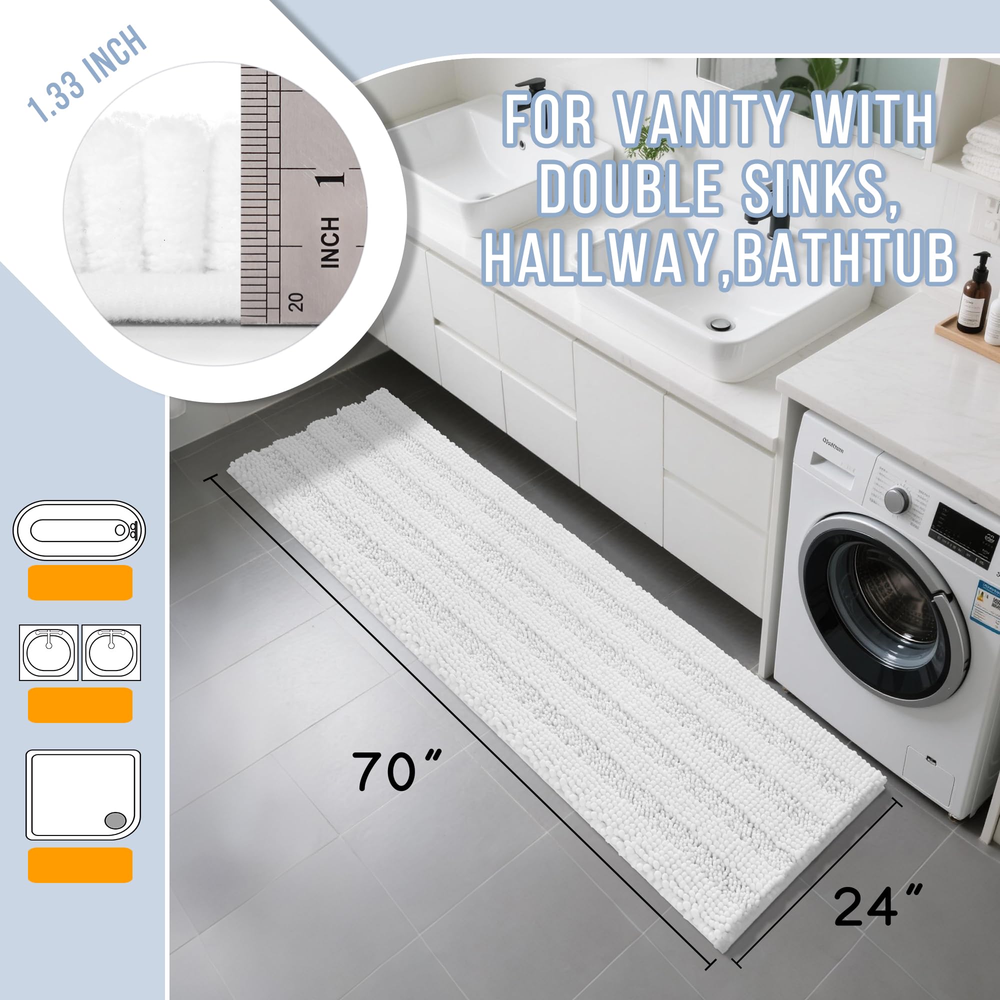 Yimobra Bathroom Runner Rug, 70 x 24, Long Bathroom Rugs Large Bath Mat, Soft Super Absorbent and Thick, Non-Slip, Machine Washable, Carpets for Home, Nursery, Bed and Living Room, White