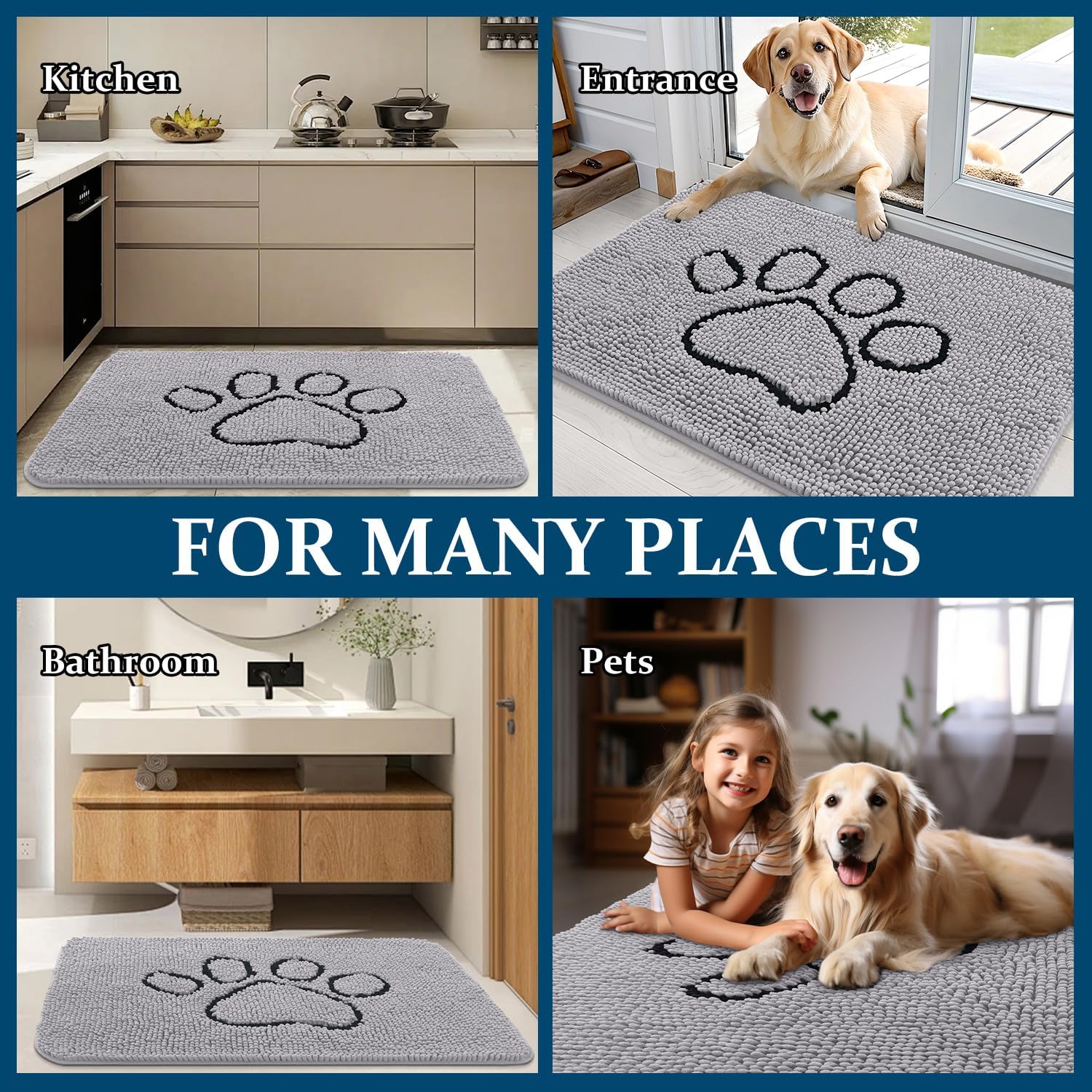 OLANLY Dog Door Mat - Absorbent Muddy Paws Doormat | Non-Slip Chenille, 36x24, Light Grey