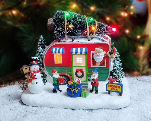 Moments In Time Santa Trailer Christmas Village - Lighted Camper Scene 7.3” with LED Lights & Music
