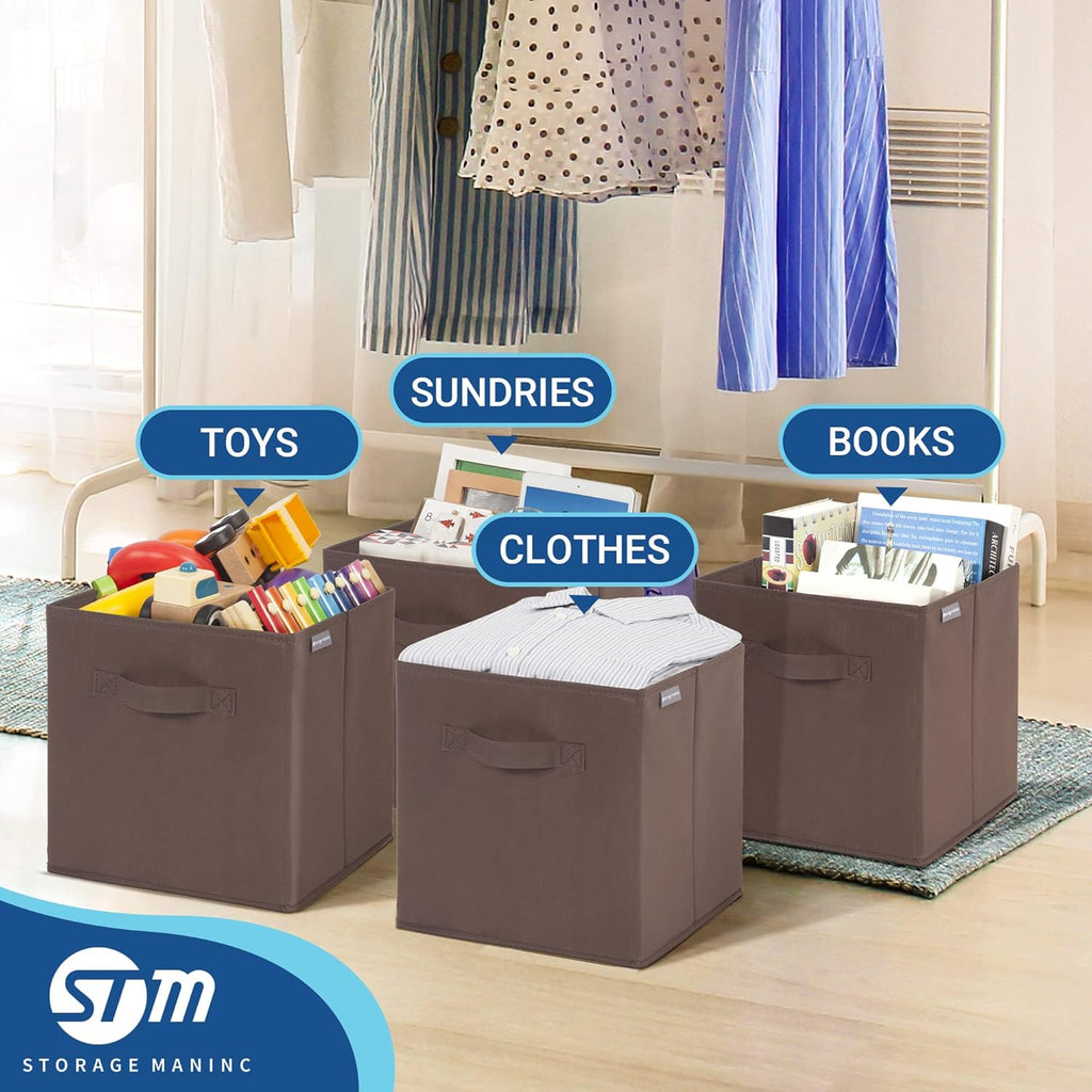 Storage Maniac Storage Cubes - 11-Inch Collapsible Fabric Bins with Handles | 6-Pack for Closet Organization, Brown