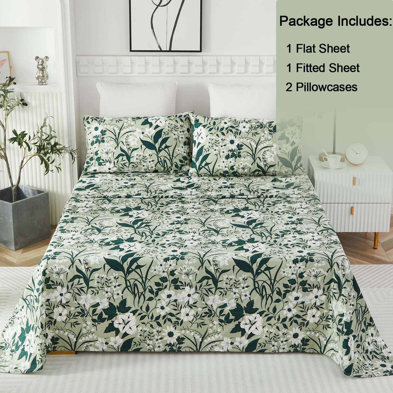 Helthep 100% Cotton Green Floral Printed Bed Sheets, Floral Sheet Set King with 17.5" Deep Pocket, 4Pcs Botanical Patterned Sheets for King Size Bed