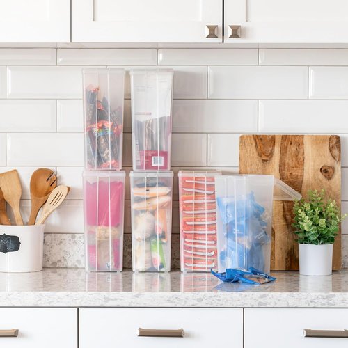 IRIS USA Vertical Storage Containers - Stackable Plastic Bins with Lids for Home & Office Organization | Clear, 6 Pack