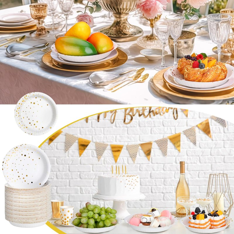Yiyiring 60 Pack White and Gold Paper Bowls 7 Inch Disposable Gold Dot Paper Bowls for Party Birthday Supplies Round Snack Dessert Salad Disposable Tableware for Wedding, Engagement, Baby Shower