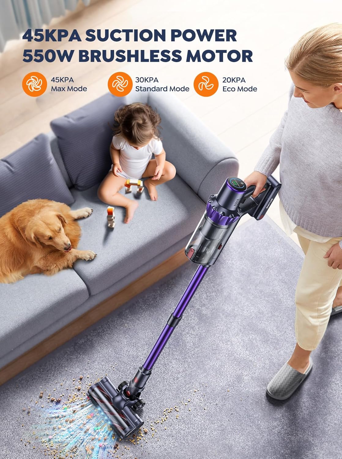 Skiennix Cordless Vacuum Cleaner - 110 Mins Runtime, 45KPA Suction, Ideal for Pet Hair & Carpets