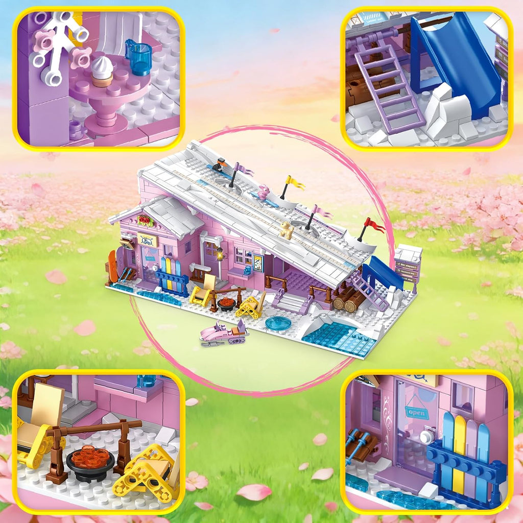 Skiennix Pink Girls Ski Resort House Building Set - 1042 PCS Educational Toy for Ages 8-12