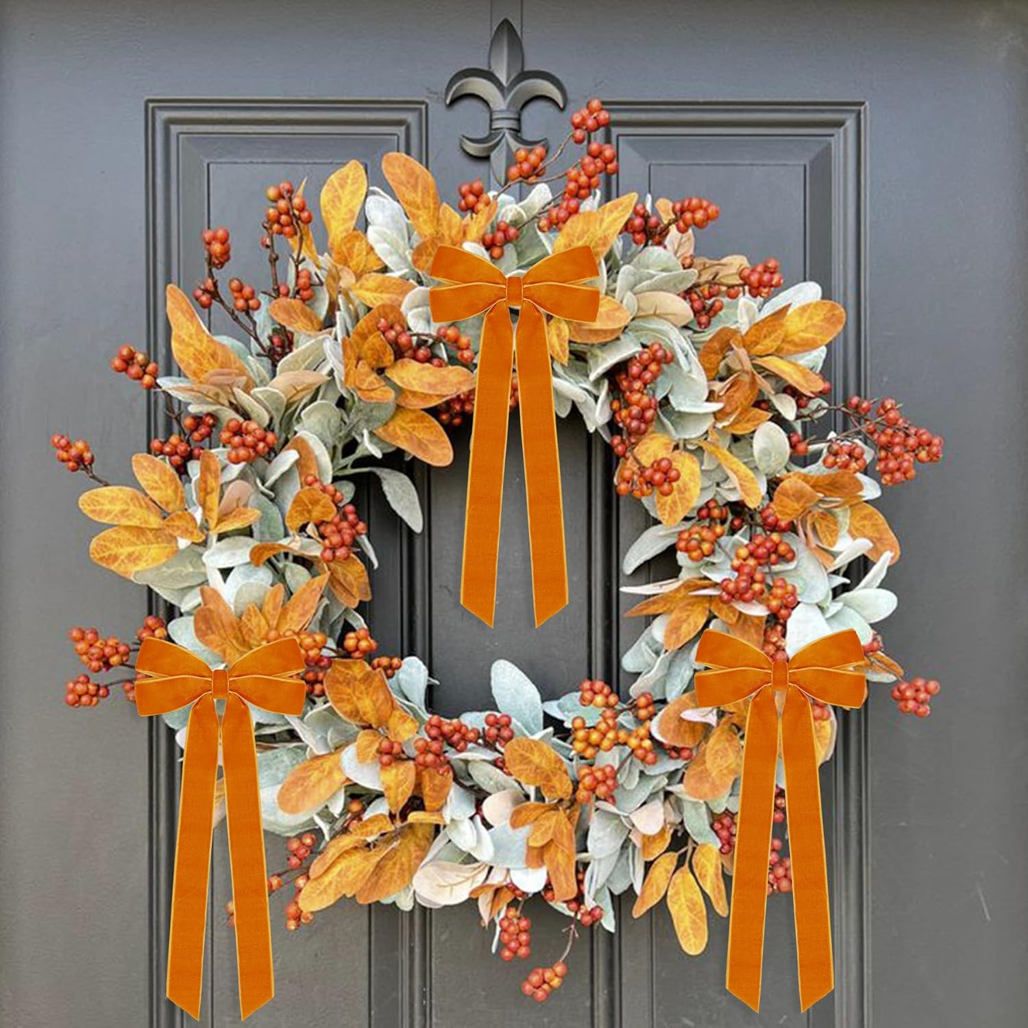Skiennix 12Pcs Fall Velvet Ribbon Bows - 5in x 10in Orange Christmas Ornaments for Home Decor