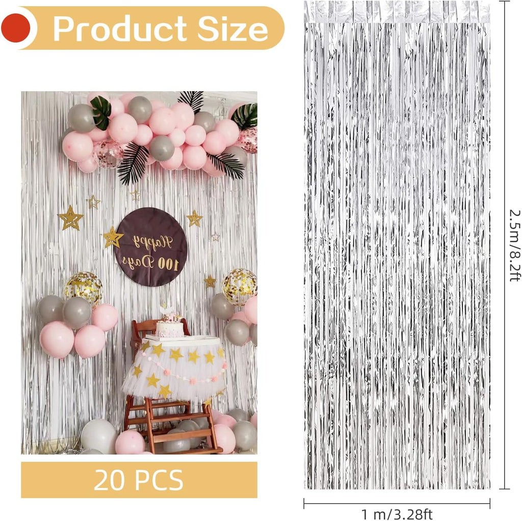 Skiennix Silver Foil Curtain Backdrop - 20 Pack Metallic Tinsel Fringe 3.2ft x 8.2ft for Parties & Photo Booths