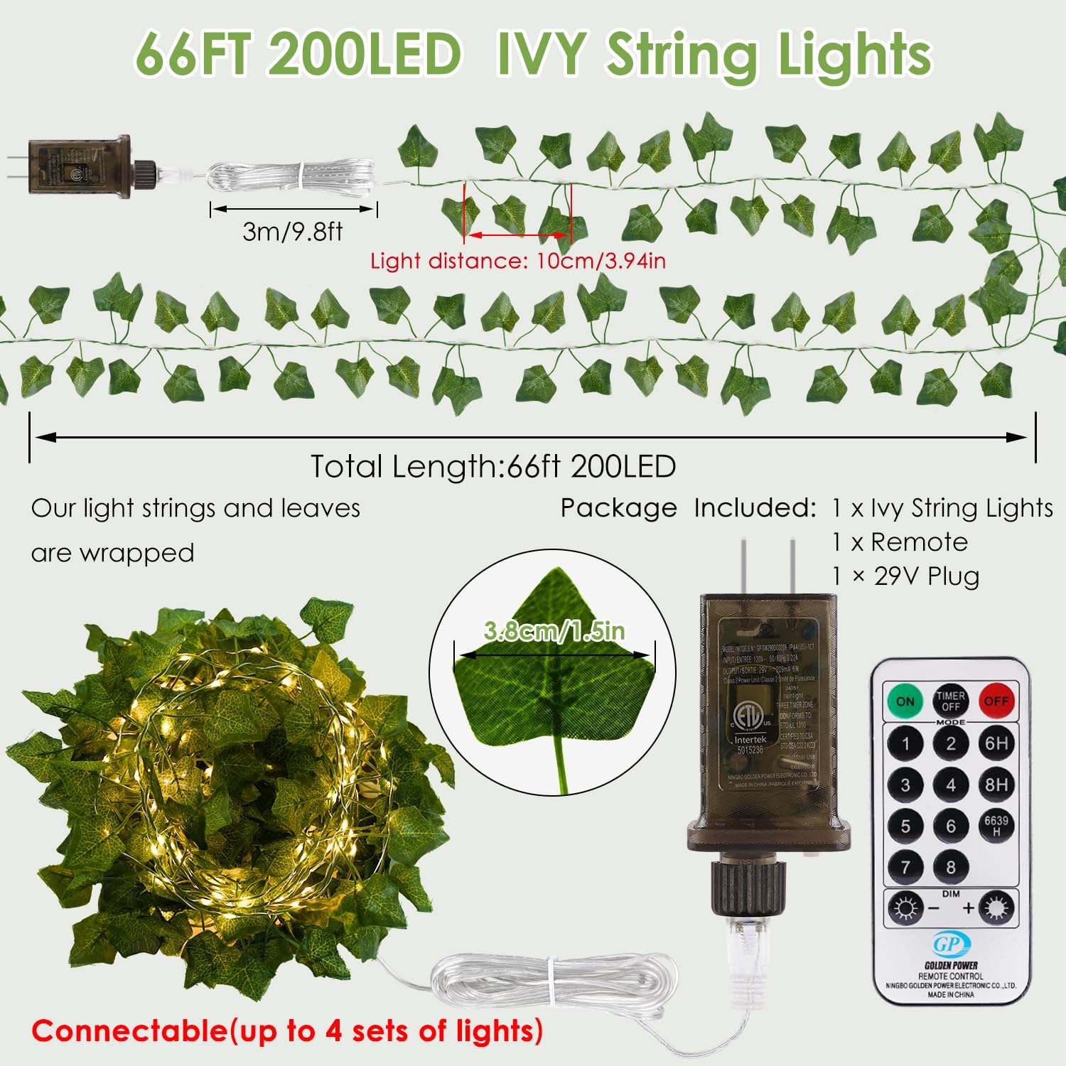 OMIKA 66FT Ivy String Lights - 200 LED Fairy Lights with Remote & Waterproof Design for Bedroom, Garden, Wedding Decor