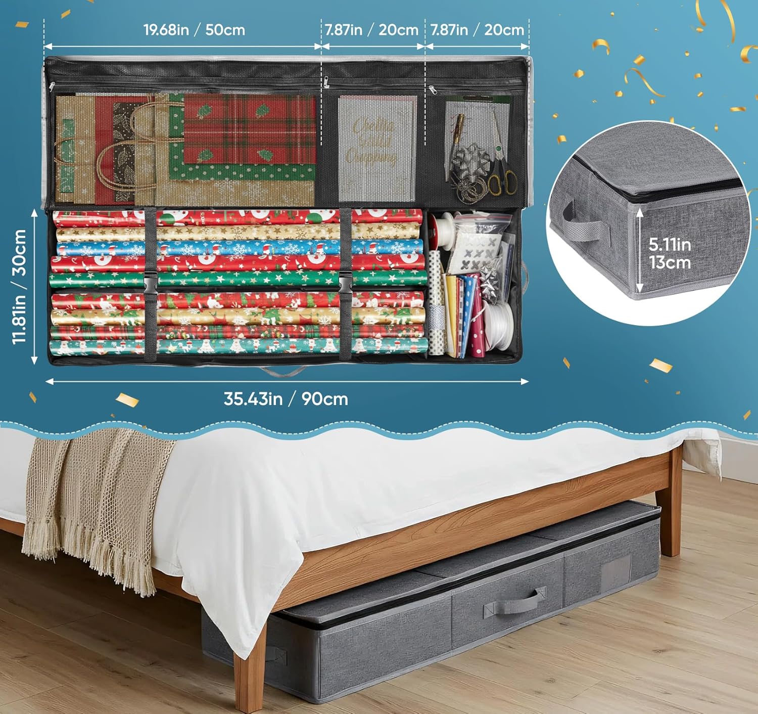 Regine Switzerland Christmas Wrapping Paper Storage - Waterproof Organizer for 30 Rolls | Compact Gray Design