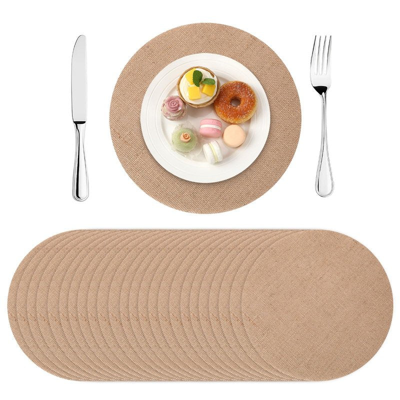 SEPGLITTER 24 Pcs Round Burlap Placemats Bulk 11.8 inches Brown Reusable Natural Jute Table Mats for Wedding Dinner Party Farmhouse Dinner Table Decor