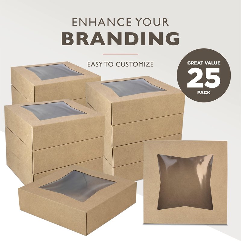 Fit Meal Prep 25 Pack 9 x 9 x 2.5 Inches Pie Boxes with Window, Square Kraft Pastry Boxes, Auto Pop-up Brown Boxes for Cookies, Cakes, Muffins, Dessert