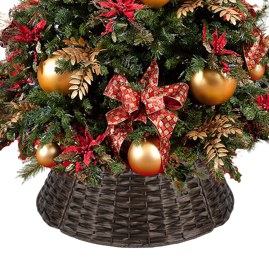 Christmas Tree Collar 23'' D Handmade Artificial Rattan Wicker Tree Collar Basket Christmas Woven Tree Ring Stand Base Cover for Holiday Decoration-Round Brown