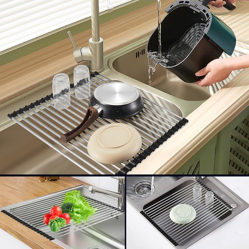CLNGAI Roll Up Dish Drying Rack, Expandable Over The Sink Dish Drainer,Stainless Steel Kitchen Rolling Sink Rack Space Saving Dish Mat, Length Up to 22.3" (Black, Large Expandable)