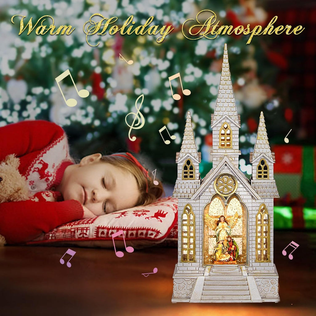 Skiennix Church Snow Globe | Lighted Christmas Lantern with Angel Nativity Scene & Music